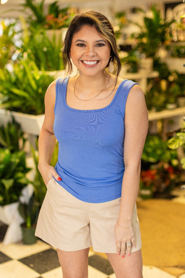 Bella Square Neck Rib Knit Tank Top, Blue