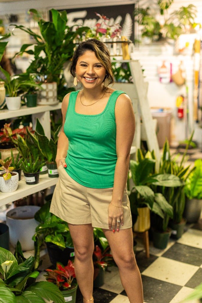 Bella Square Neck Rib Knit Tank Top, Green