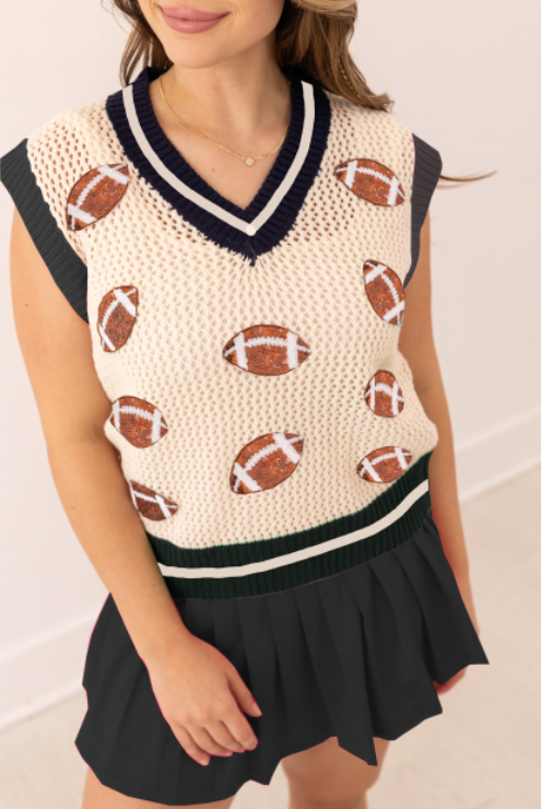 Glitter Football Patches Knit White Vest