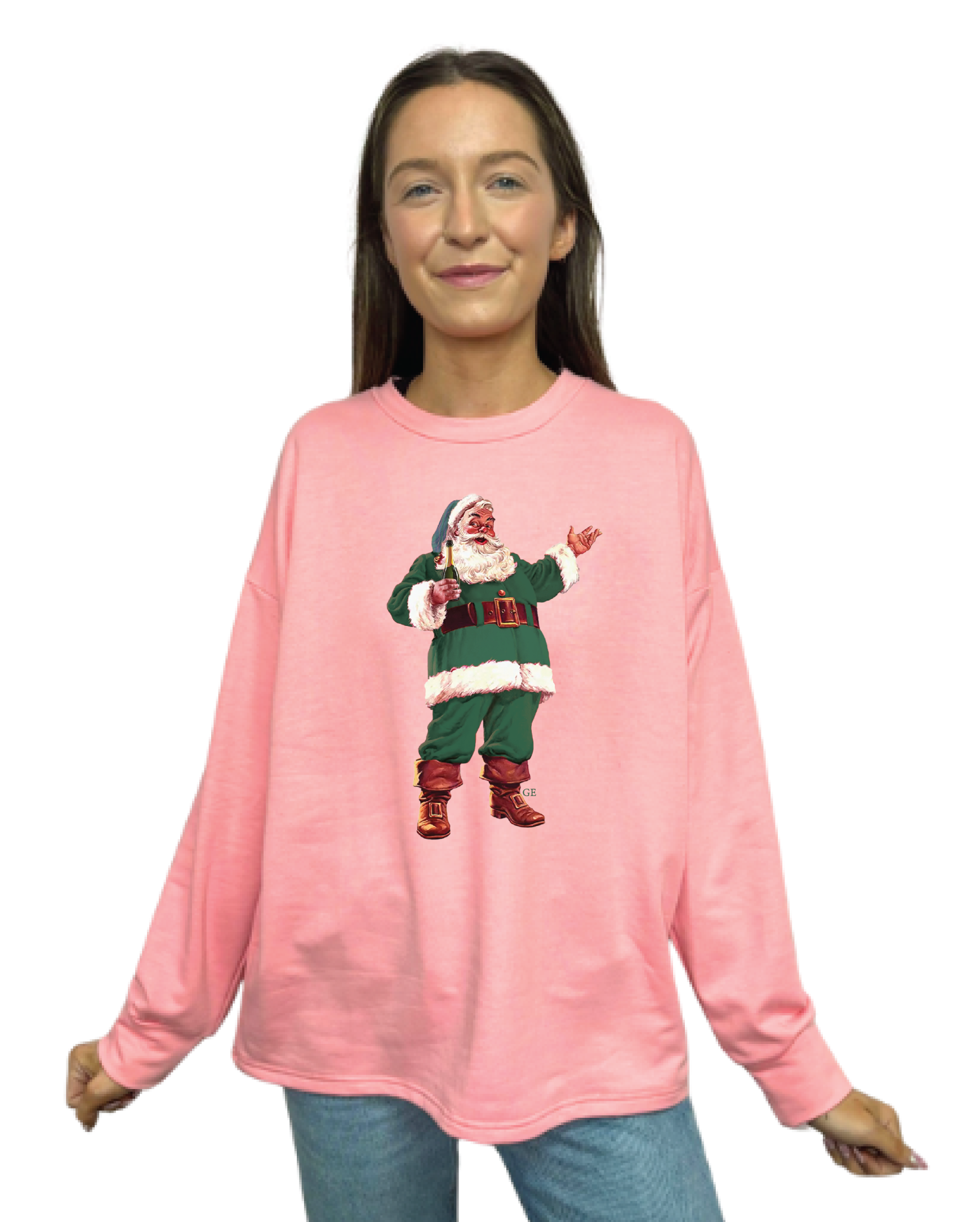 Santa With Champagne on French Terry Crewneck, Pink