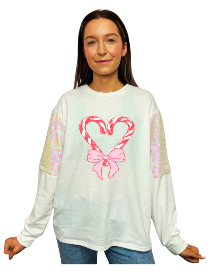 Heart Candy Canes on Light Weight Sequins Crewneck, White