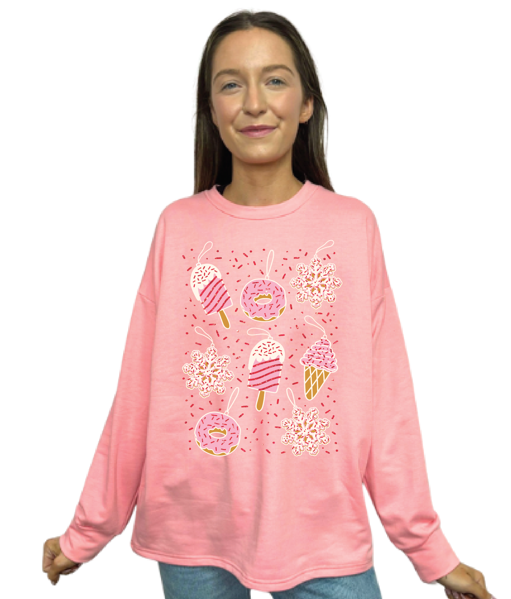 Sweet Christmas Ornaments on French Terry Crewneck, Pink