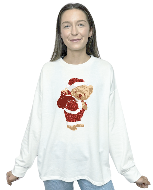 Teddy Bear Santa on French Terry Crewneck, White