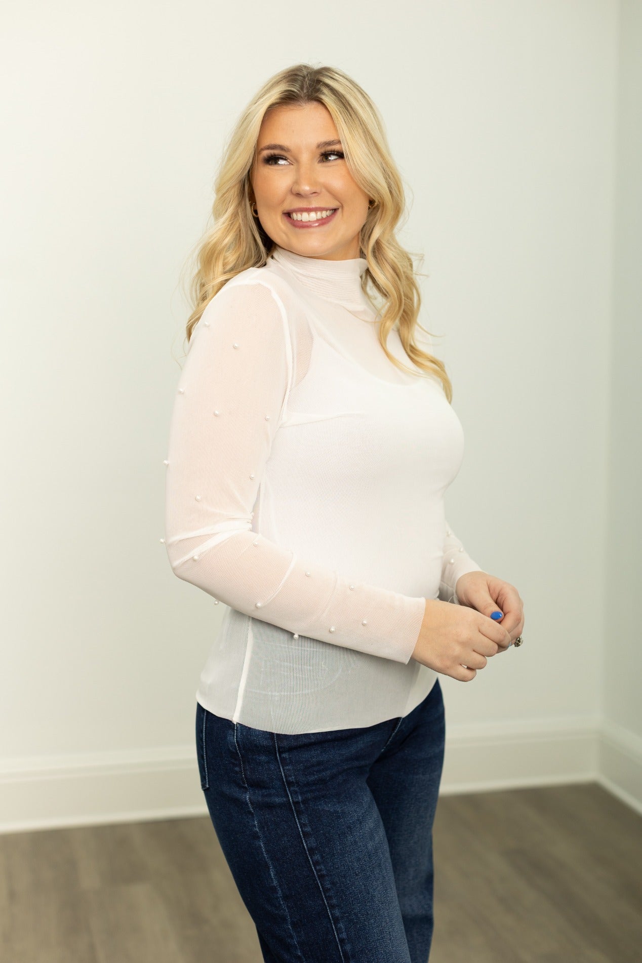 Mock Neck Mesh Top with Pearl Detail, White