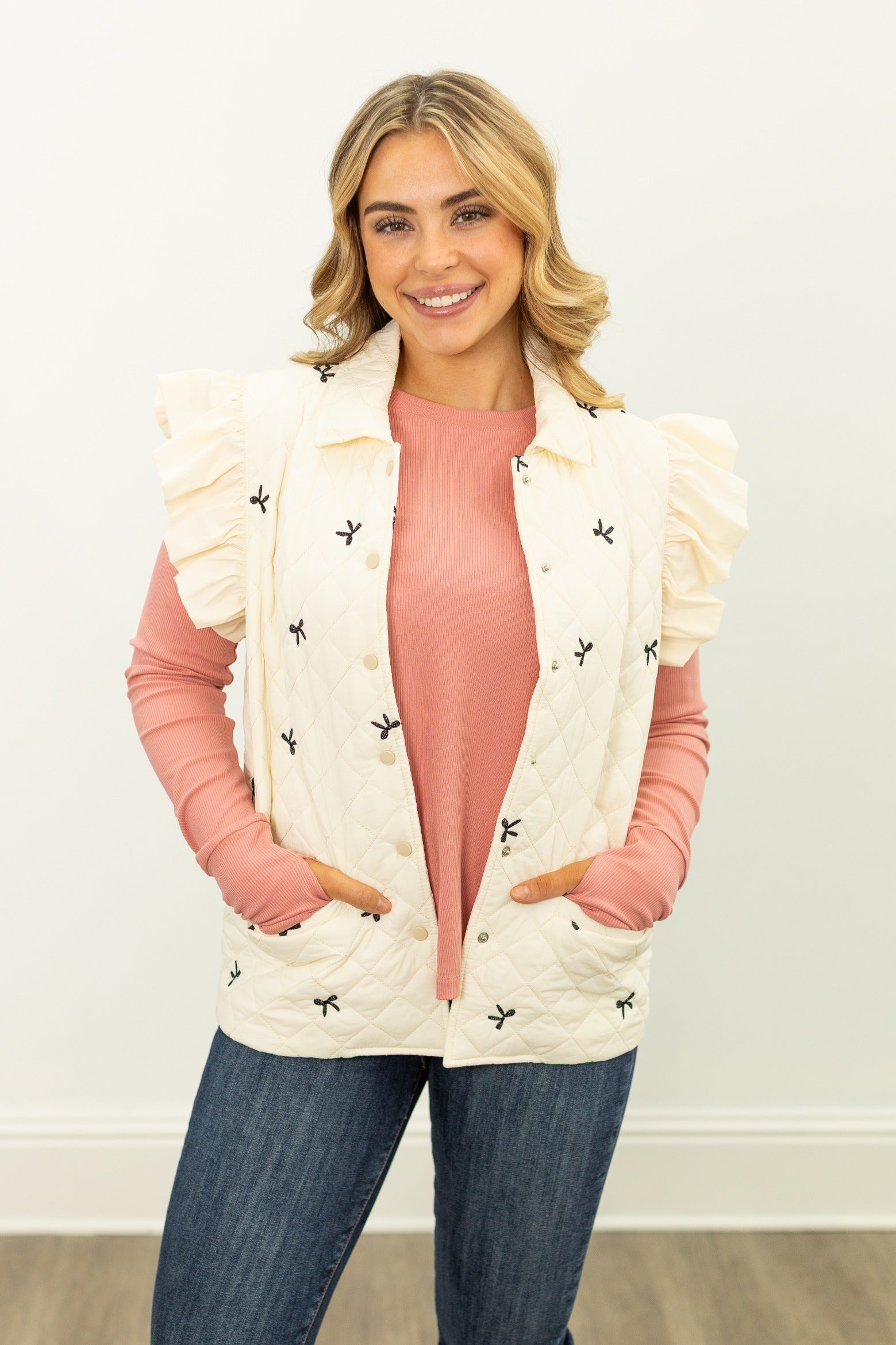Quilted Puffer Vest with Bows, Ivory