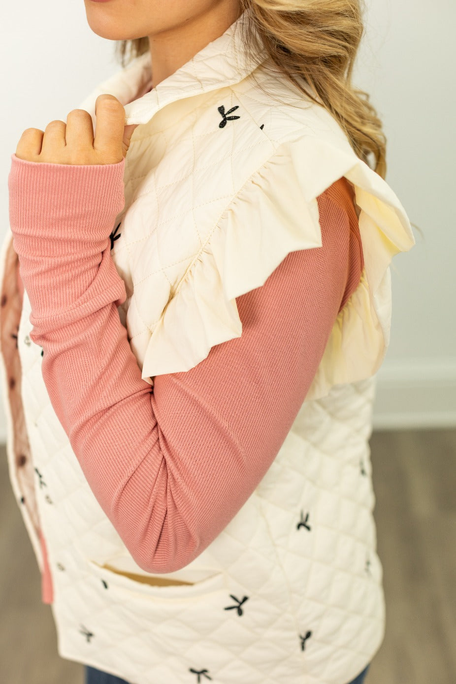 Quilted Puffer Vest with Bows, Ivory