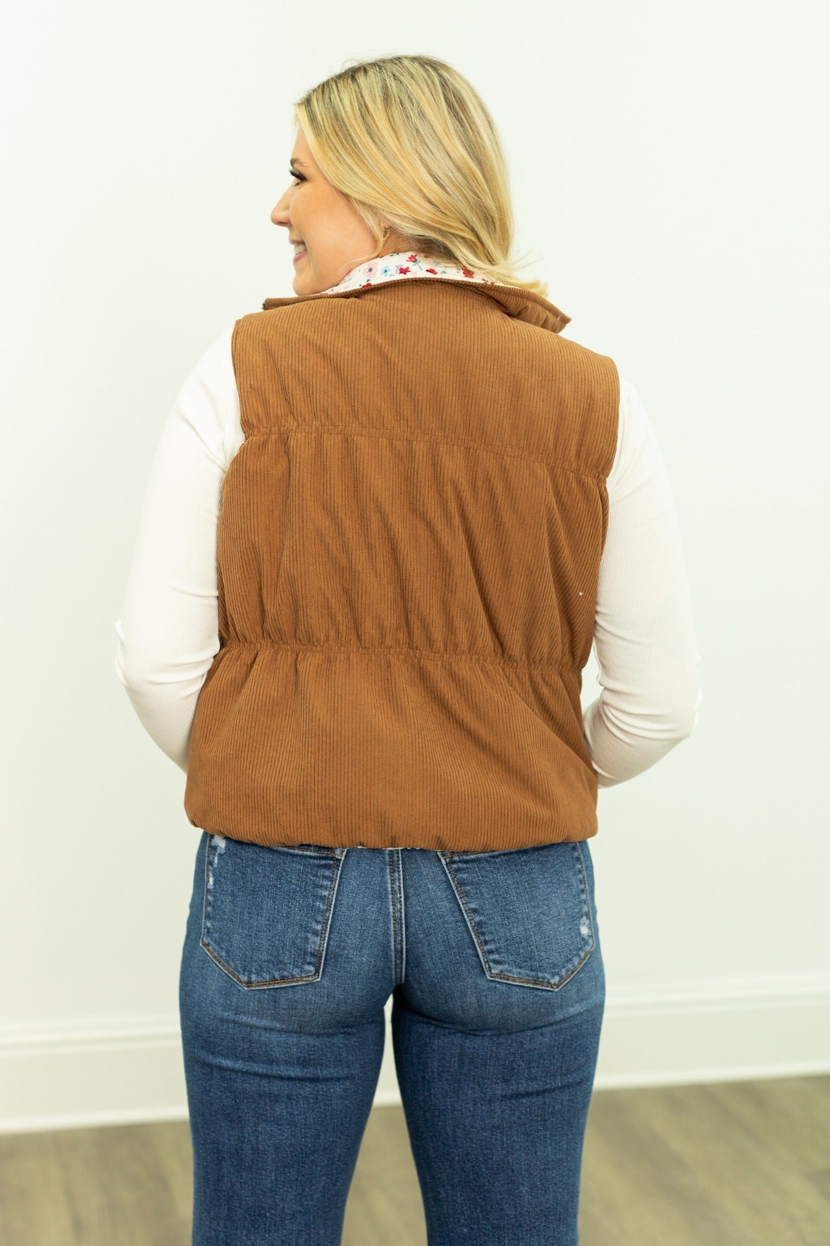 The Gillian Reversible Tan and Floral Puffer Vest