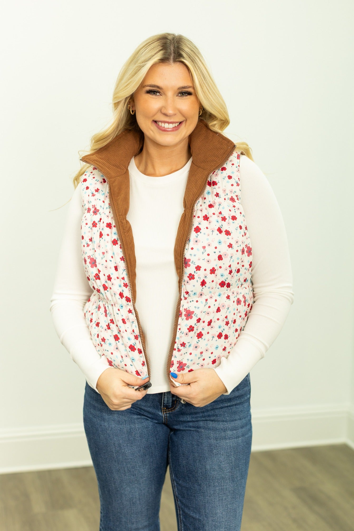 The Gillian Reversible Tan and Floral Puffer Vest