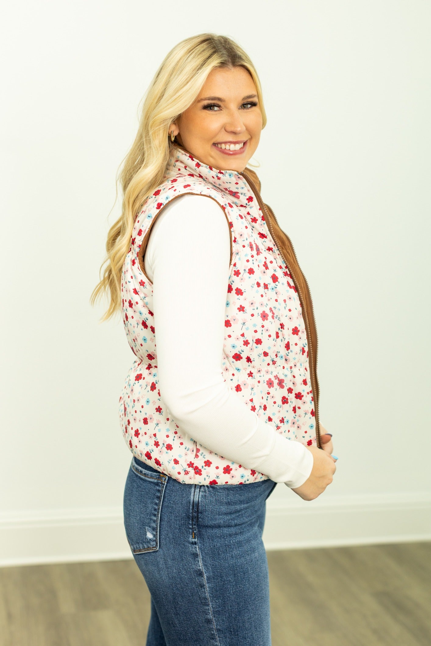 The Gillian Reversible Tan and Floral Puffer Vest