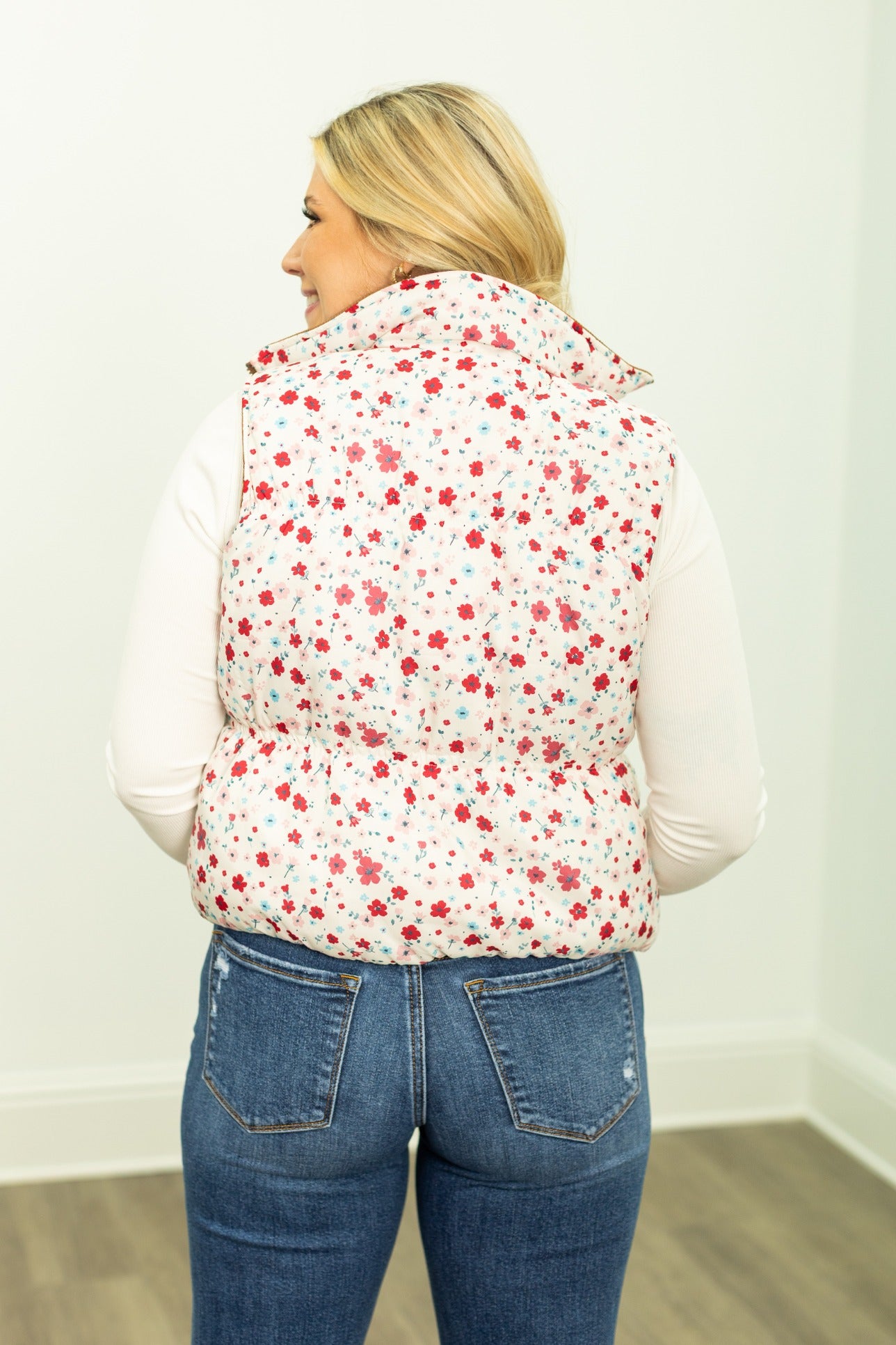 The Gillian Reversible Tan and Floral Puffer Vest