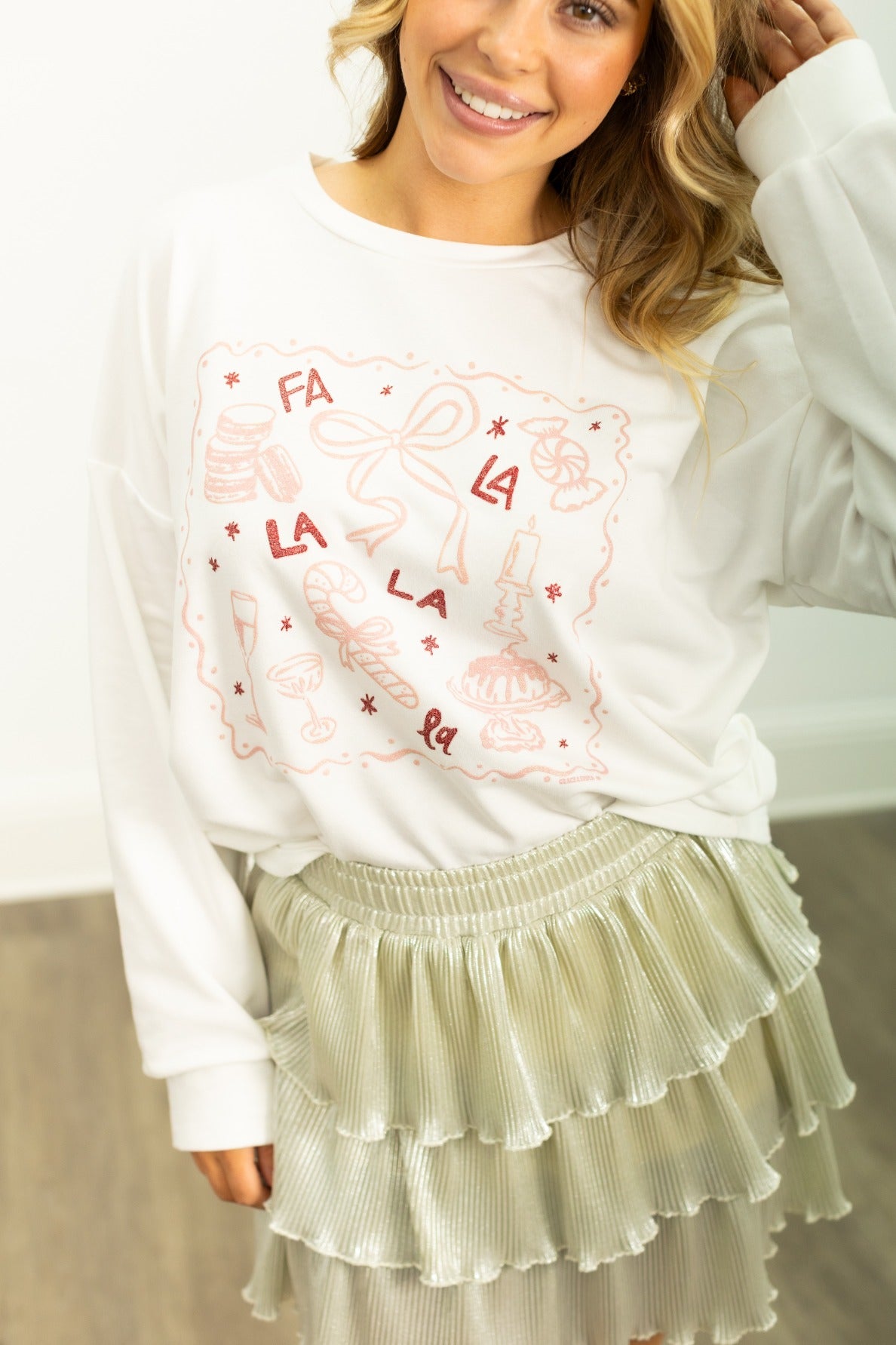 Fa La La La on French Terry Crewneck, White