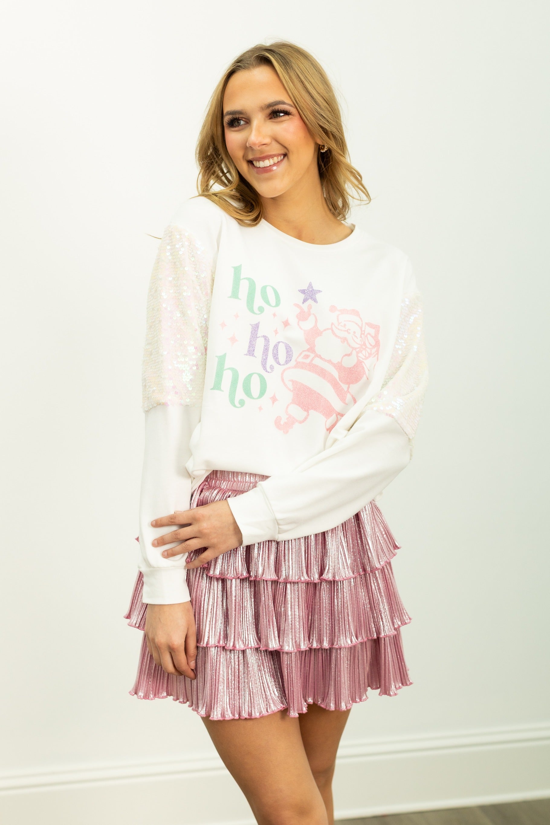 Ho Ho Ho on Light Weight Sequins Crewneck, White