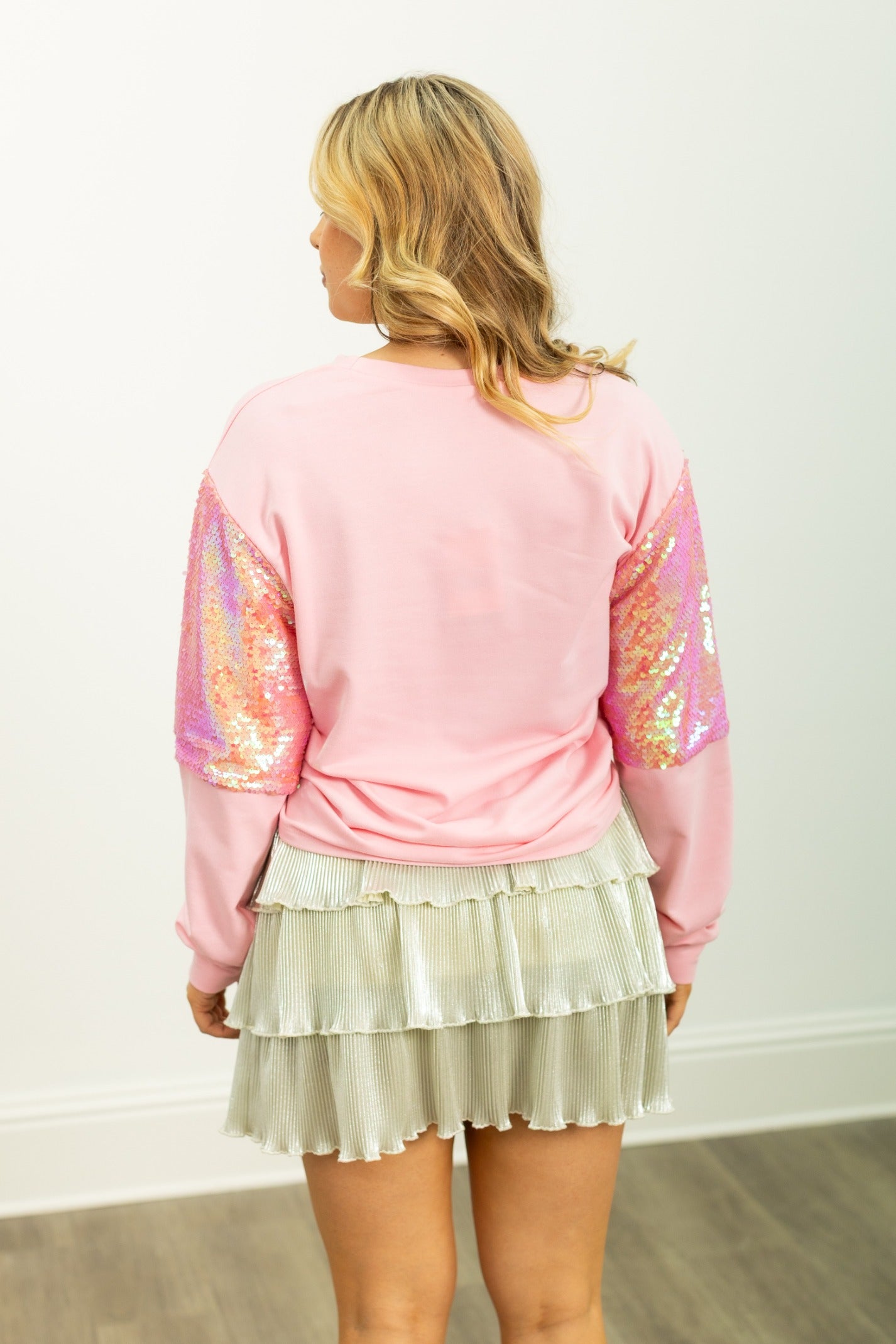 Feelin' Festive on Light Weight Sequins Crewneck, Pink