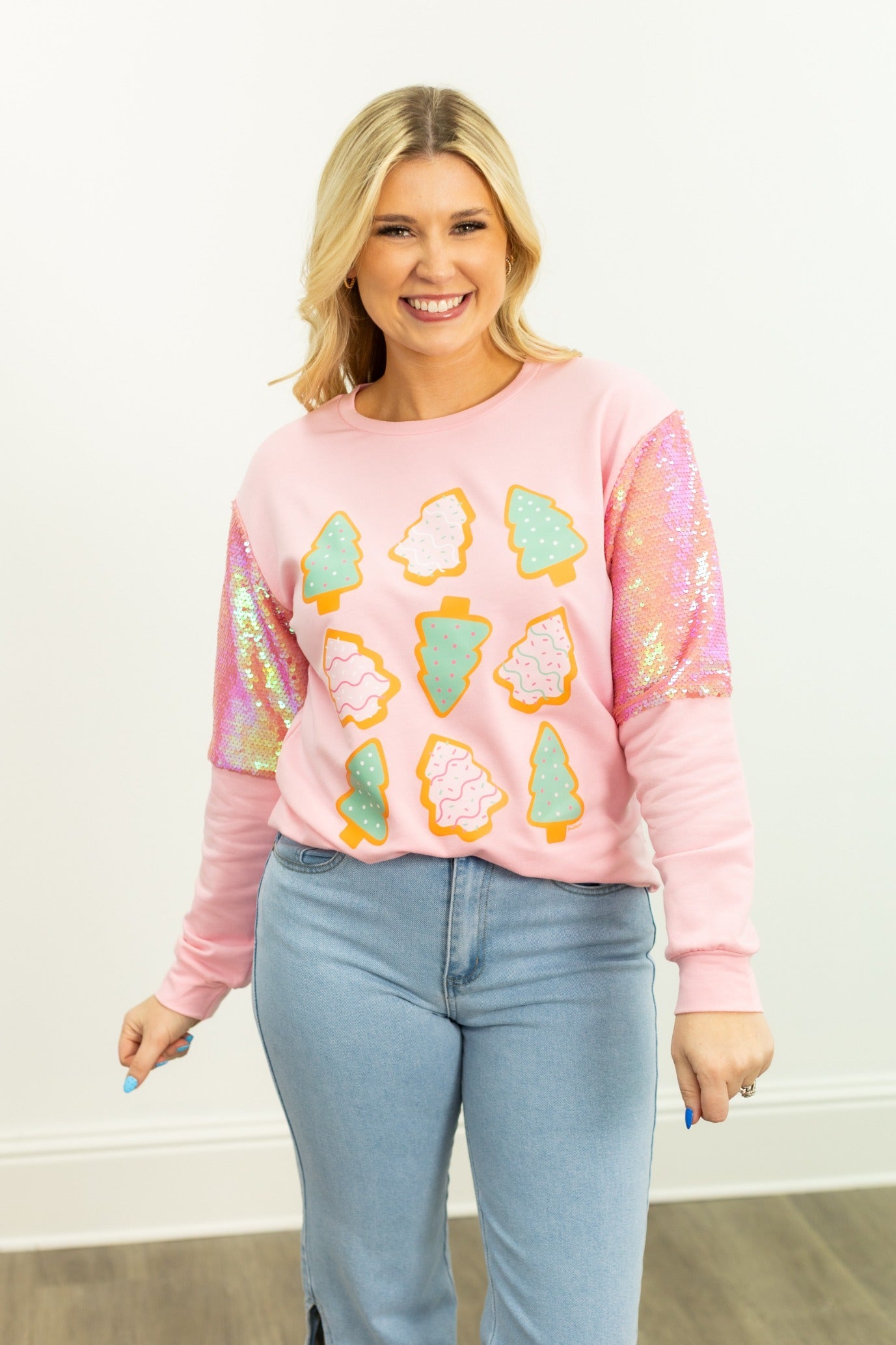 Christmas Tree on Light Weight Sequins Crewneck, Pink