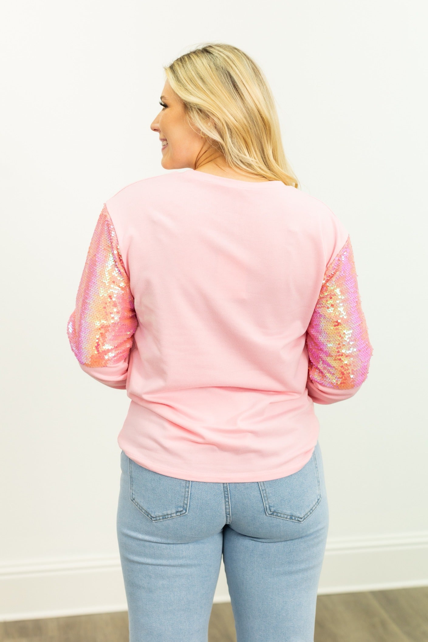 Christmas Tree on Light Weight Sequins Crewneck, Pink