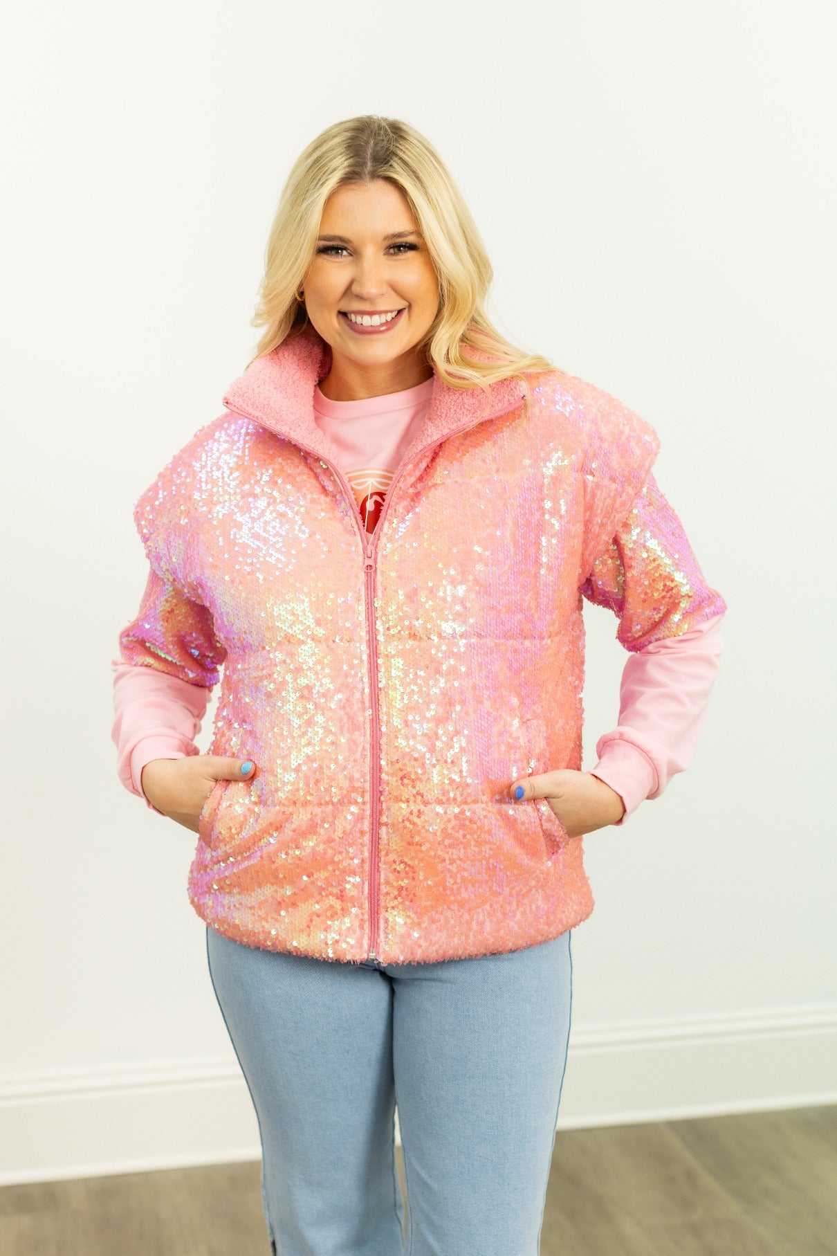 Sequin Puffer Vest, Pink