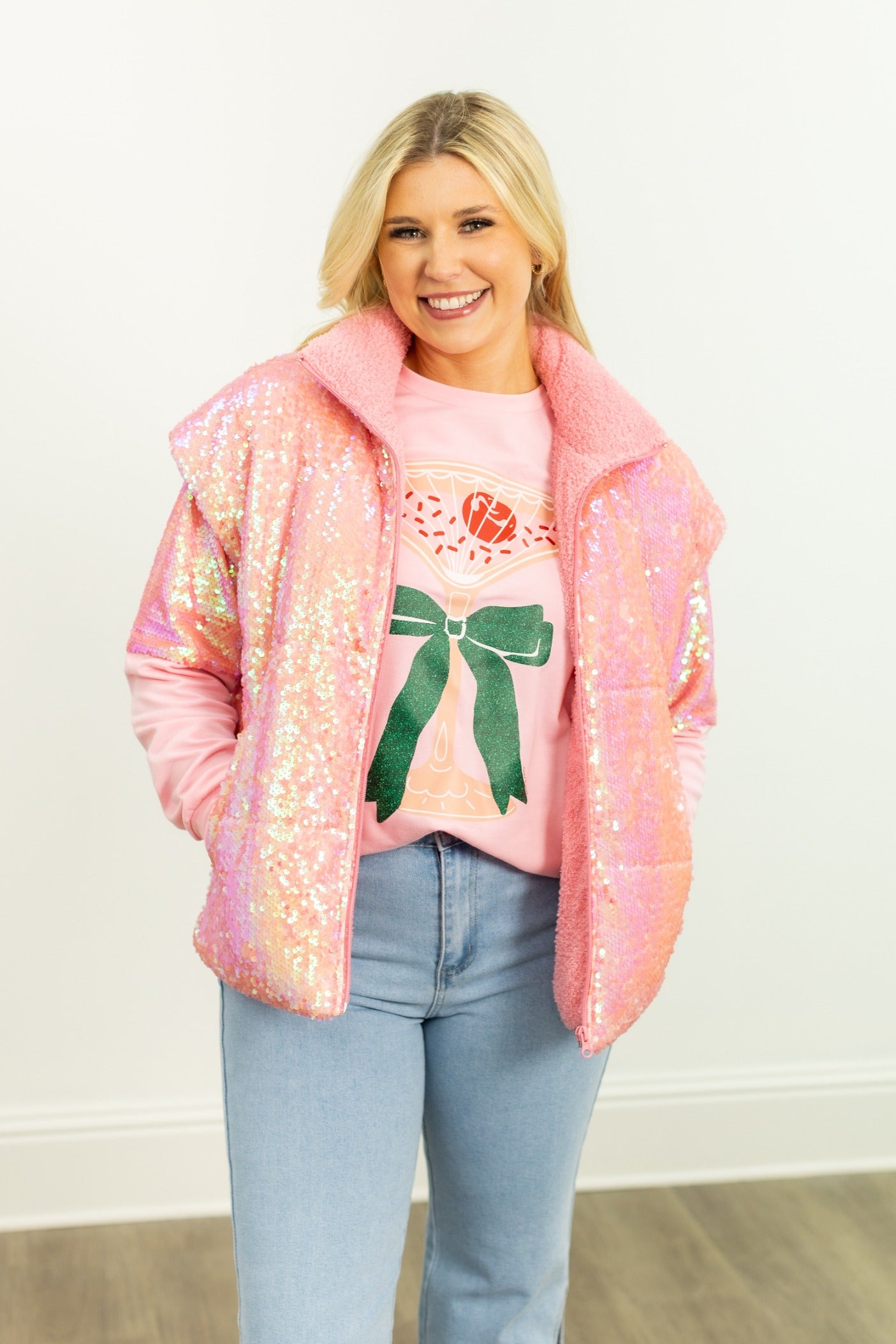 Sequin Puffer Vest, Pink