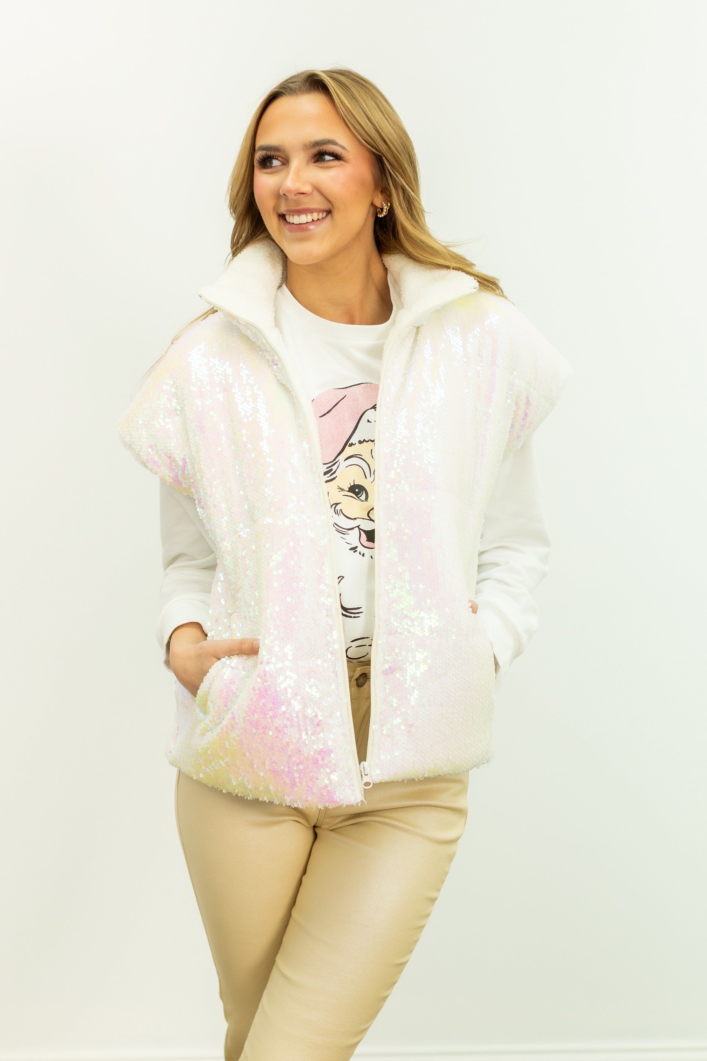 Sequin Puffer Vest, White