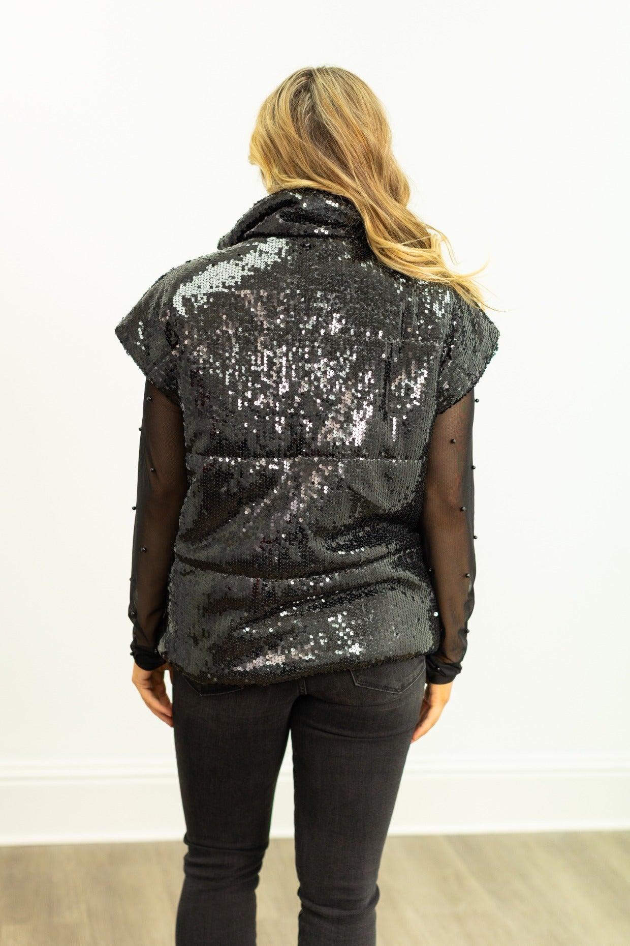 Sequin Puffer Vest, Black