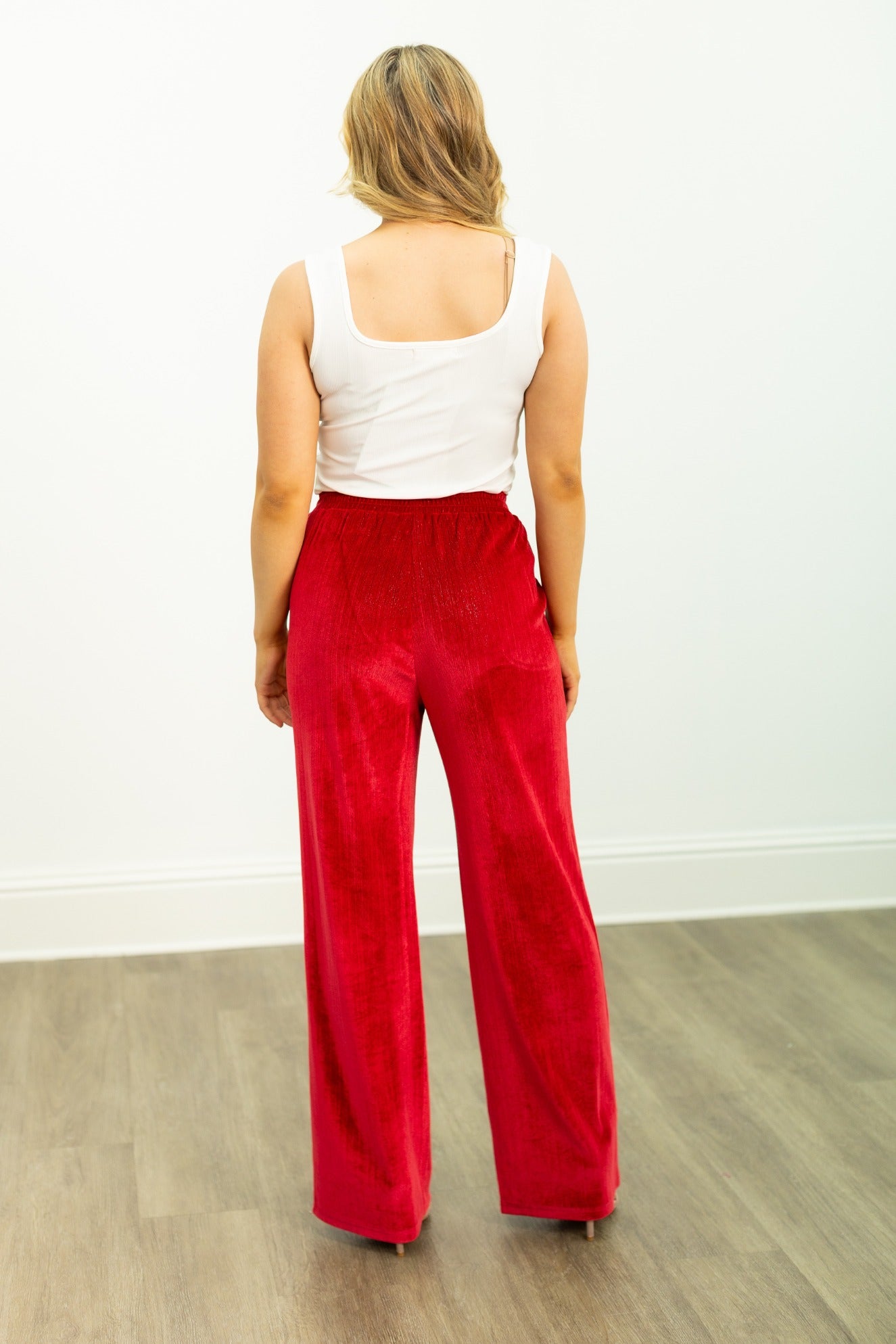 Velvet Straight-Leg Pants, Red