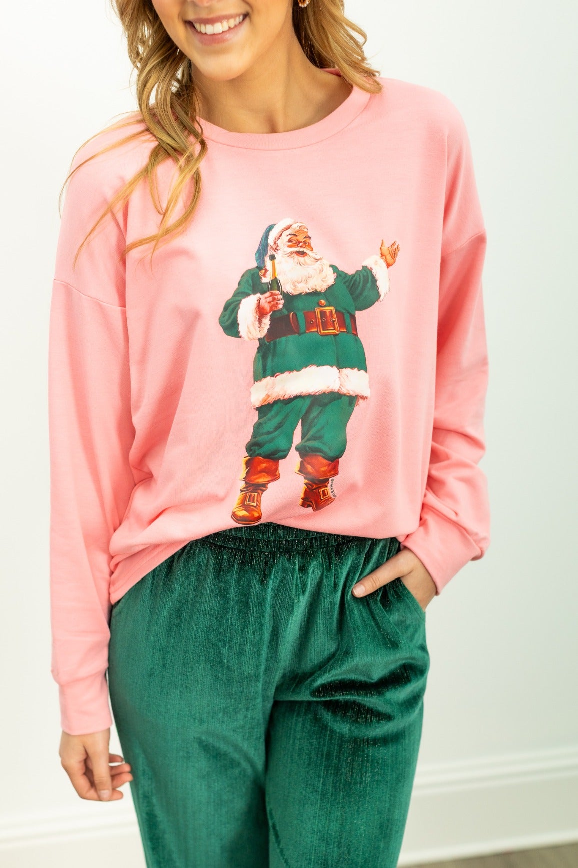 Santa With Champagne on French Terry Crewneck, Pink