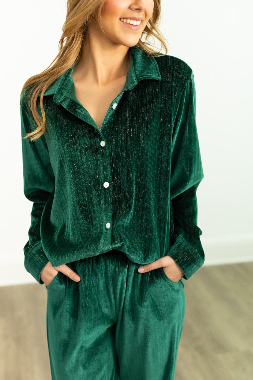 Velvet Button-Up Top, Green