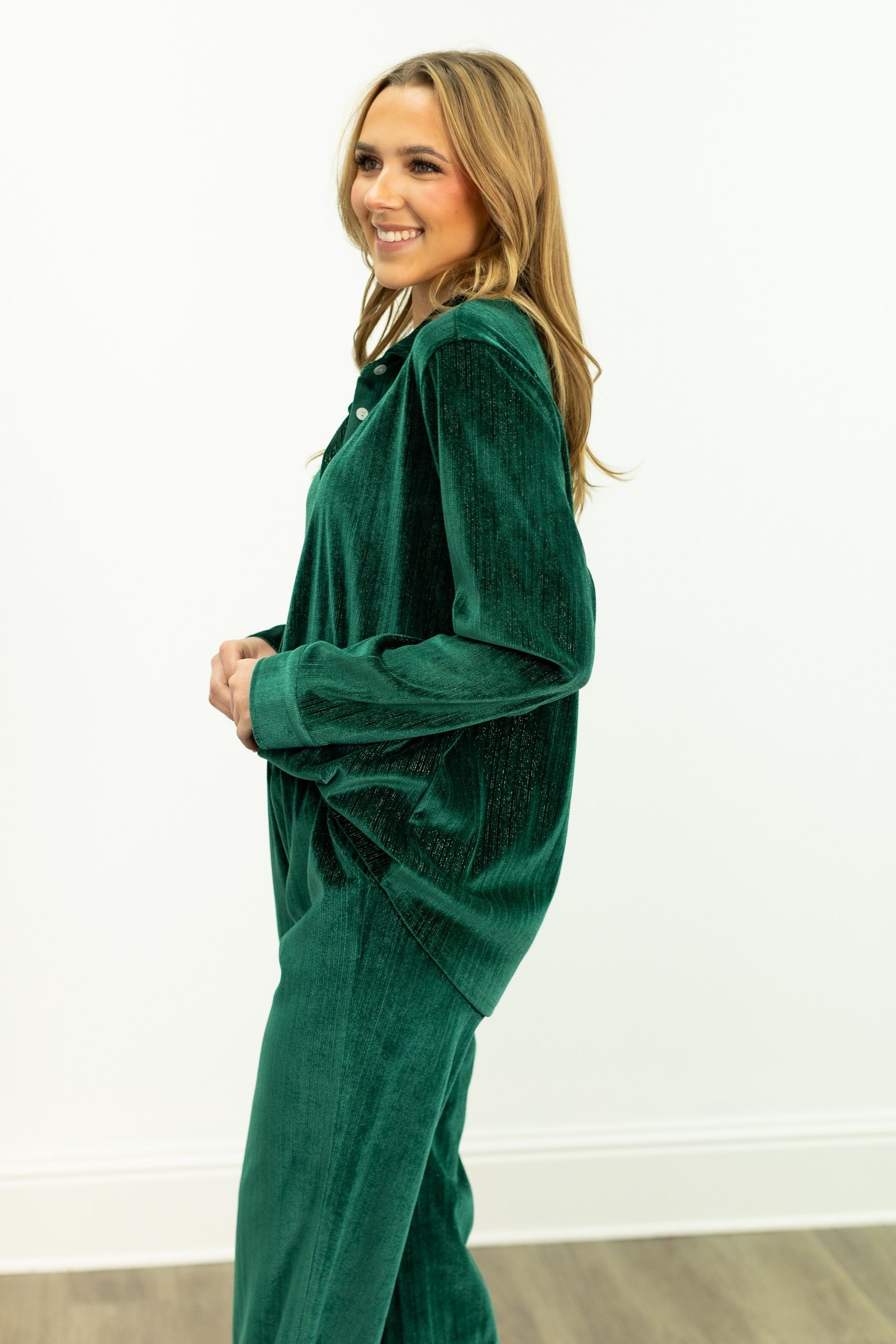 Velvet Button-Up Top, Green