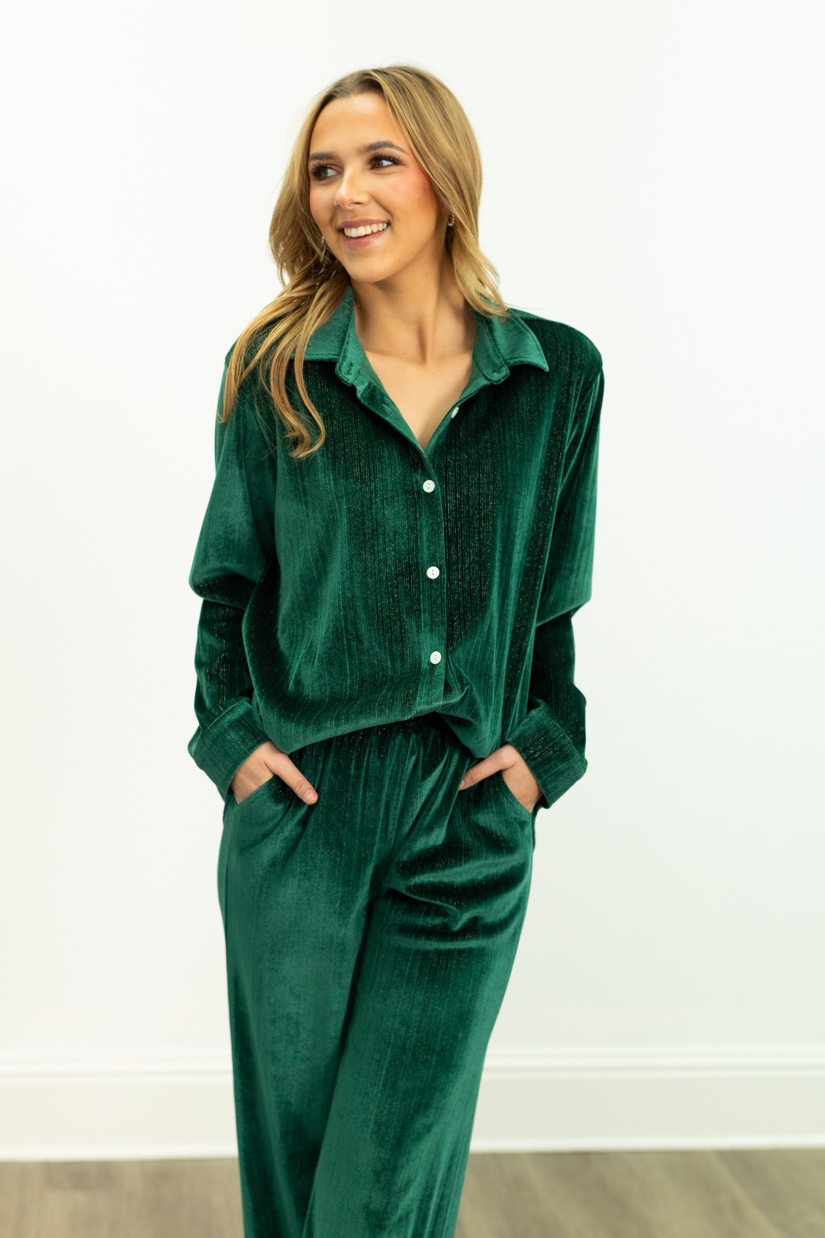 Velvet Button-Up Top, Green