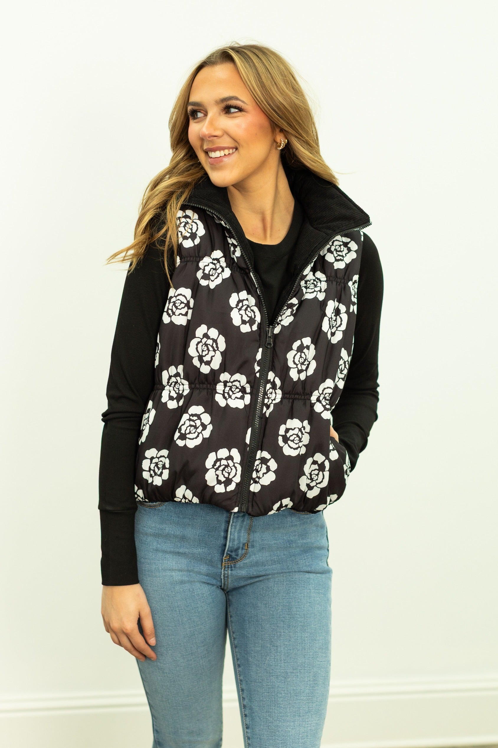The Gillian Reversible Black and Floral Puffer Vest