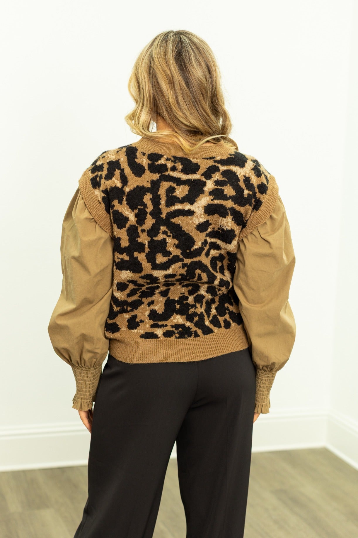 Leopard Sweater Vest with Tan Sleeves