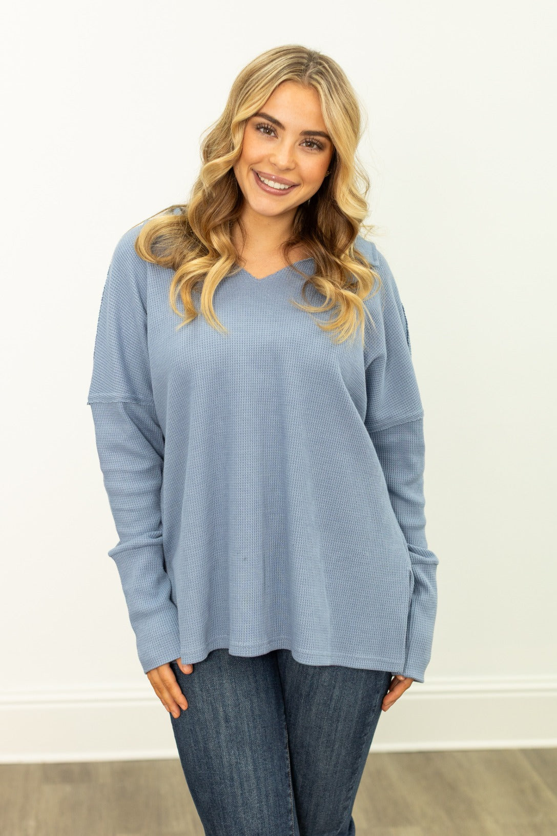 Waffle Knit Top, Blue