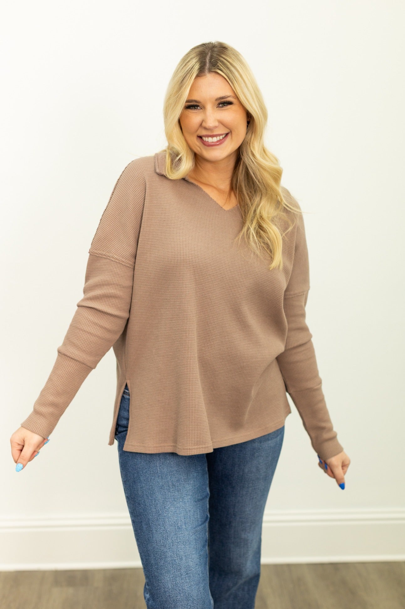 Waffle Knit Top, Brown