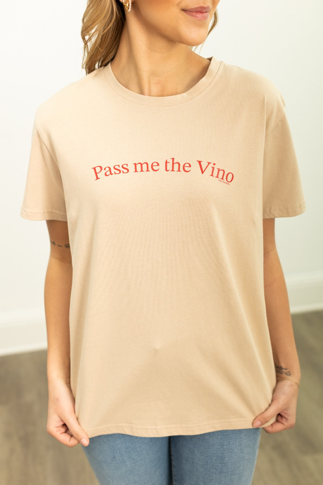 Pass Me the Vino on Beige Tee Shirt