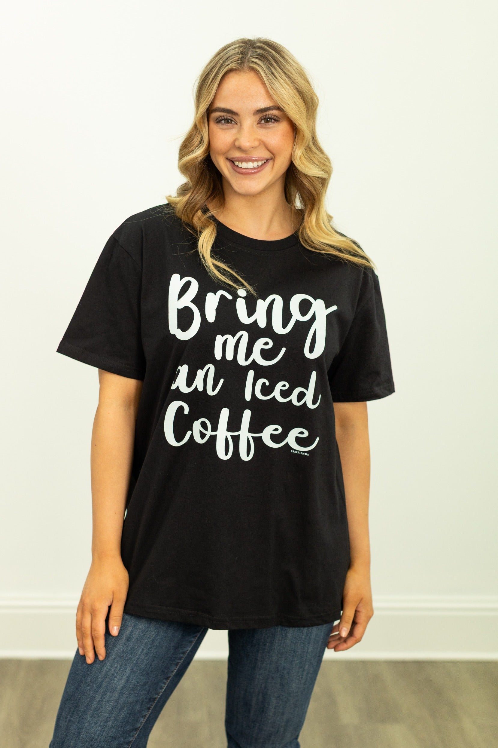 Bring Me an Iced Coffee on Black Tee Shirt Blank