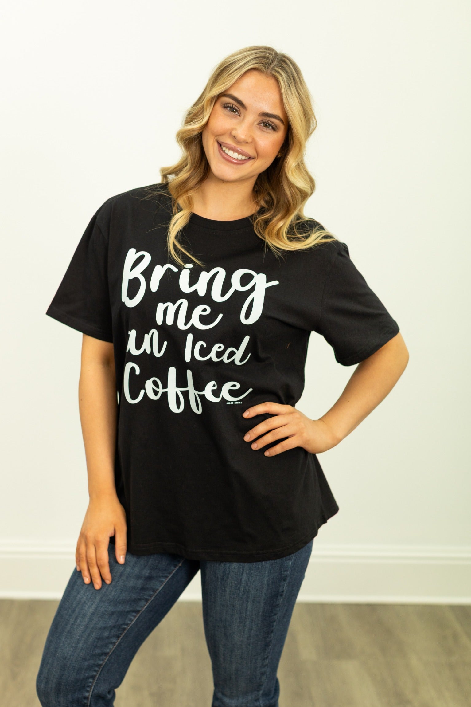 Bring Me an Iced Coffee on Black Tee Shirt Blank