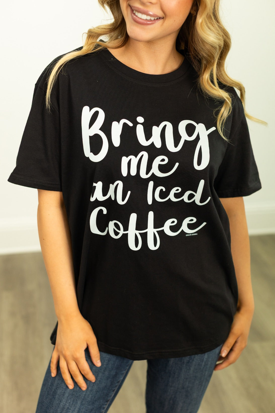 Bring Me an Iced Coffee on Black Tee Shirt Blank