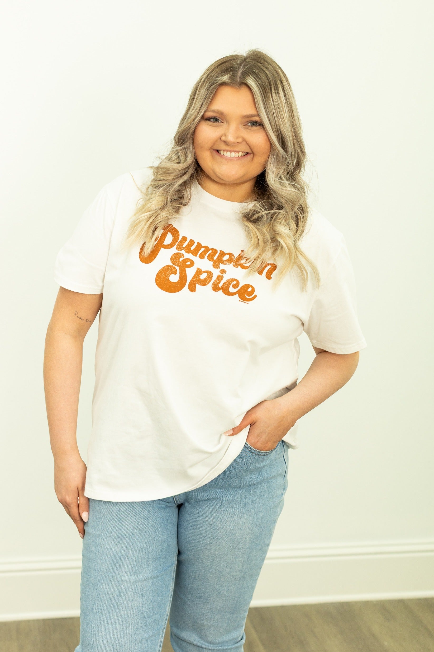 Pumpkin Spice on White Tee Shirt Blank
