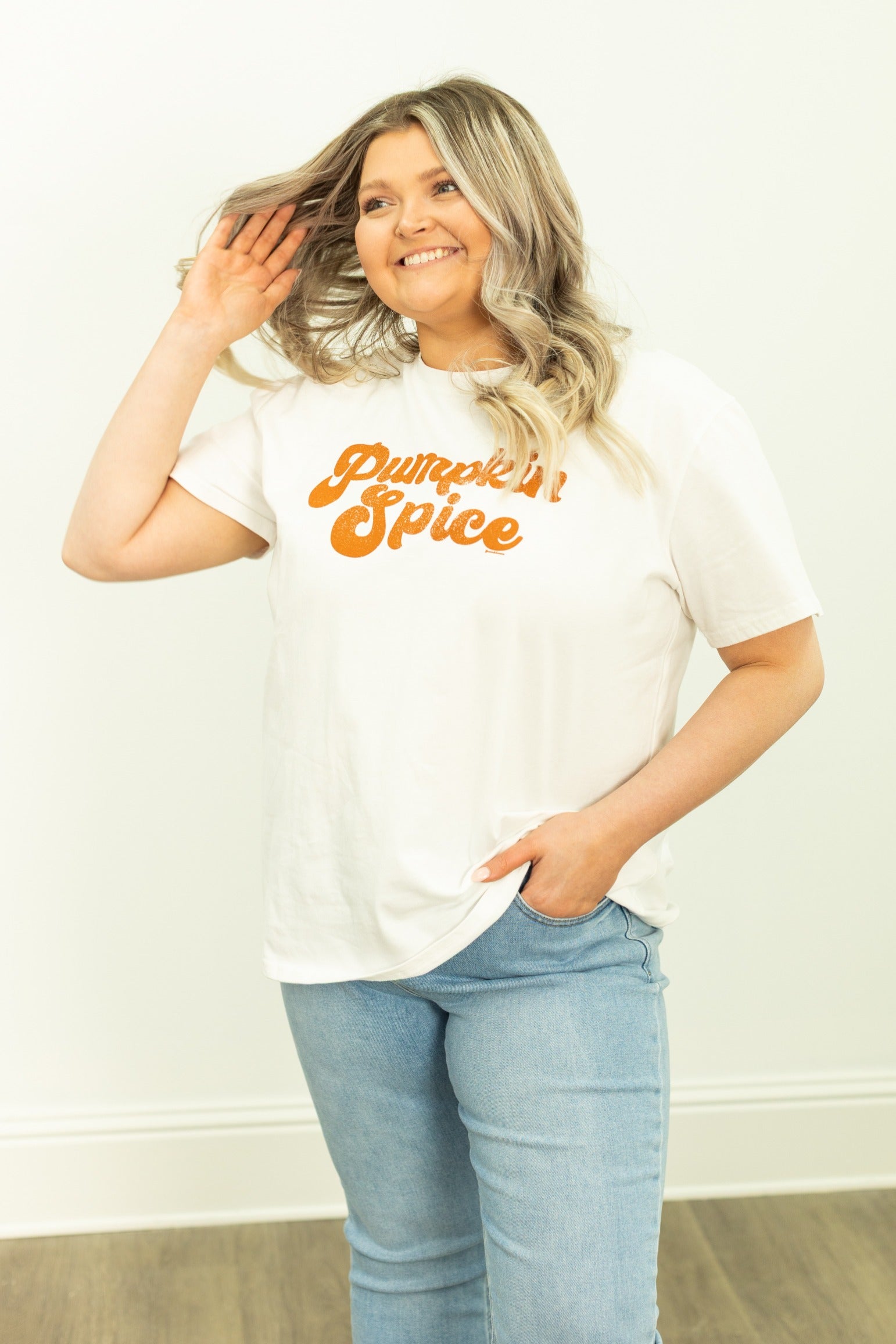 Pumpkin Spice on White Tee Shirt Blank