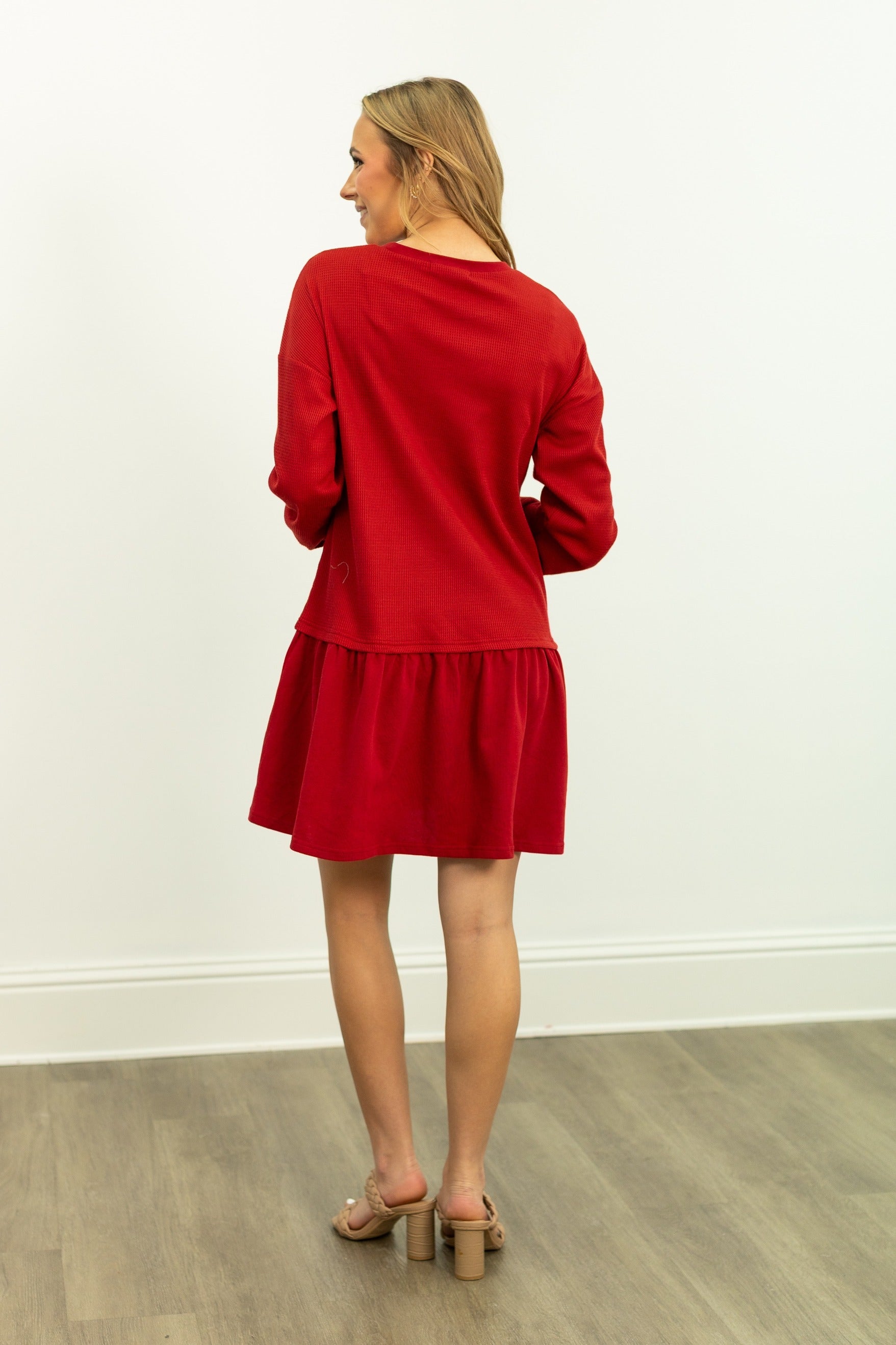 Waffle Knit Long-Sleeve Dress, Red