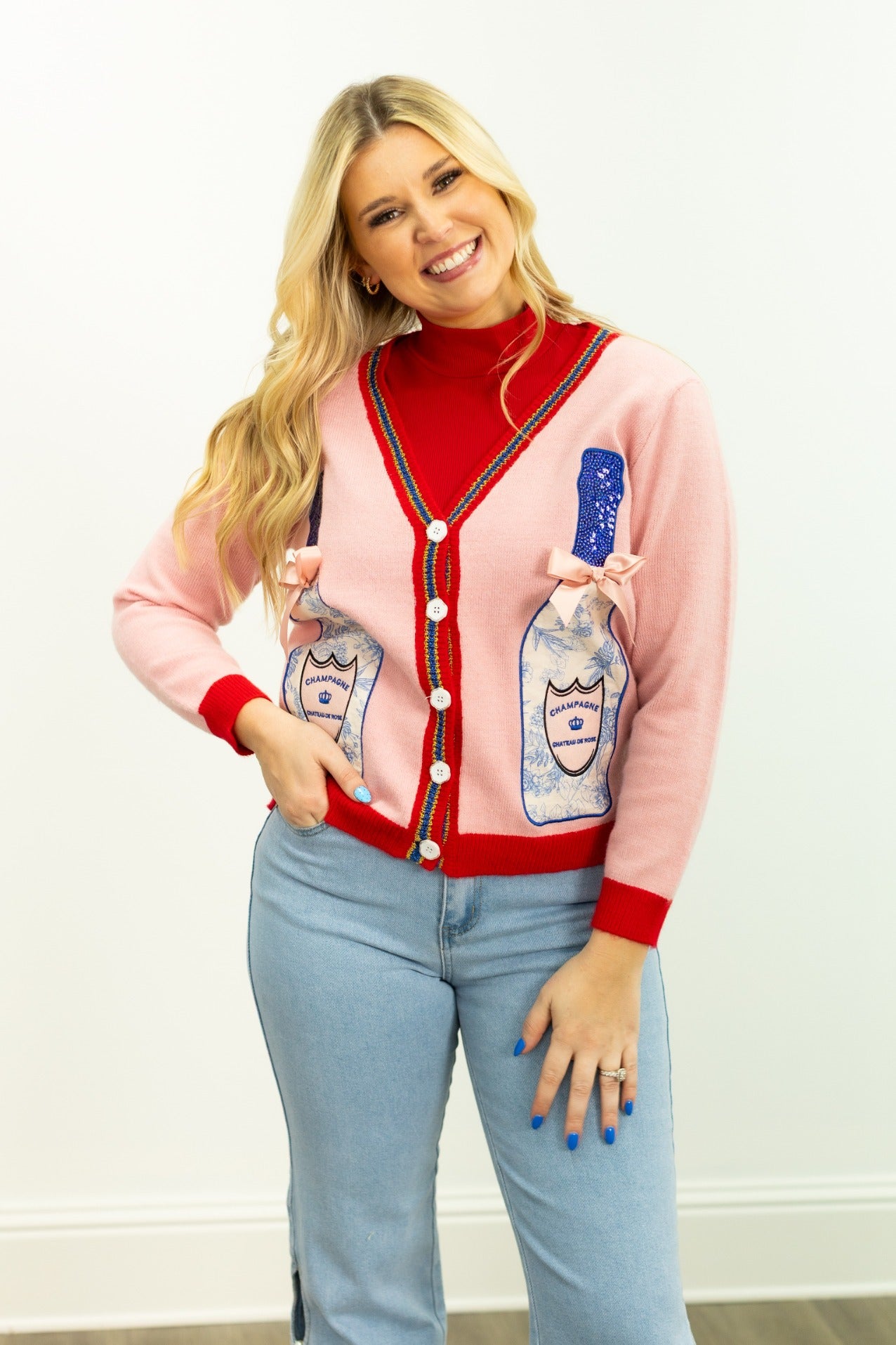 Pink Cardigan with Champagne Bottle Patches