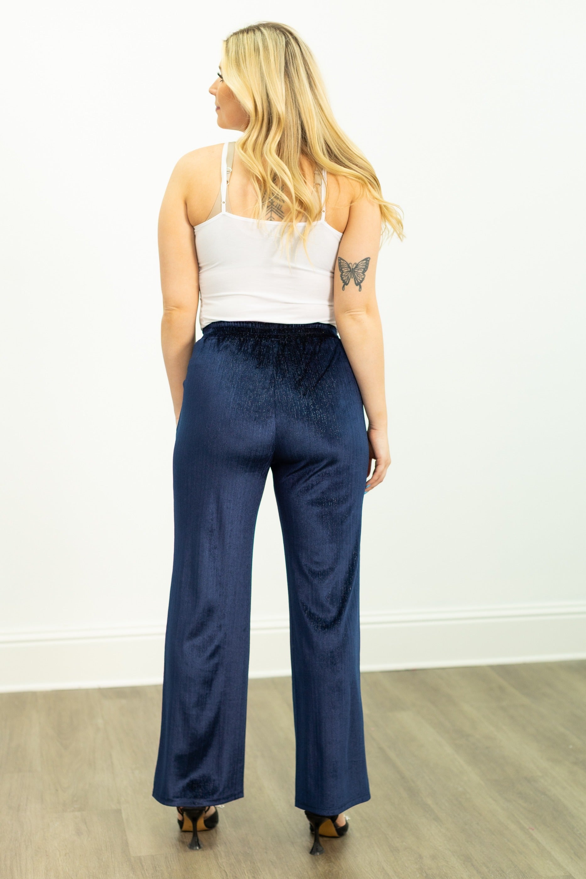 Velvet Straight-Leg Pants, Navy