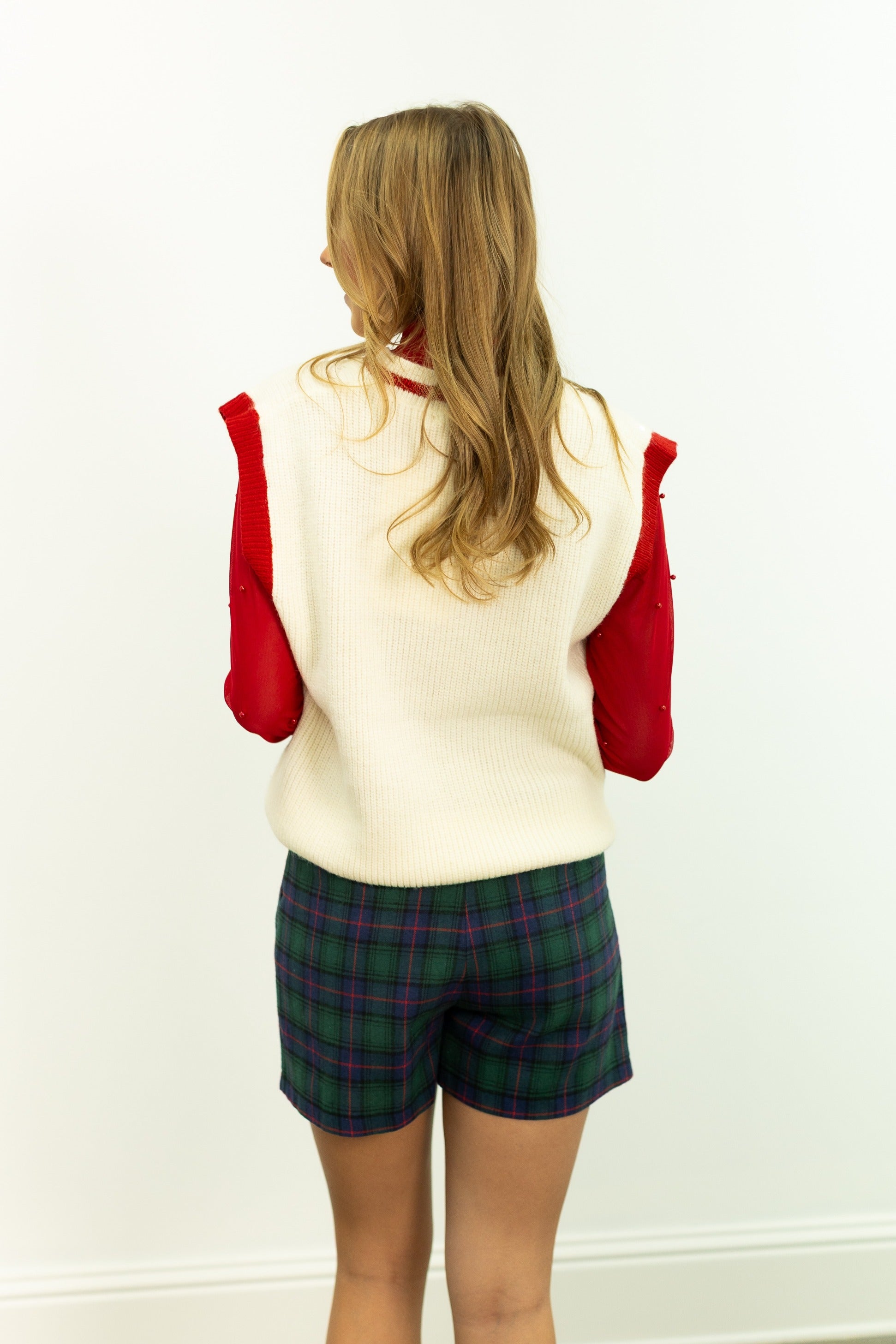 Sequin Ivory Sweater Vest with Plaid Tree Patches