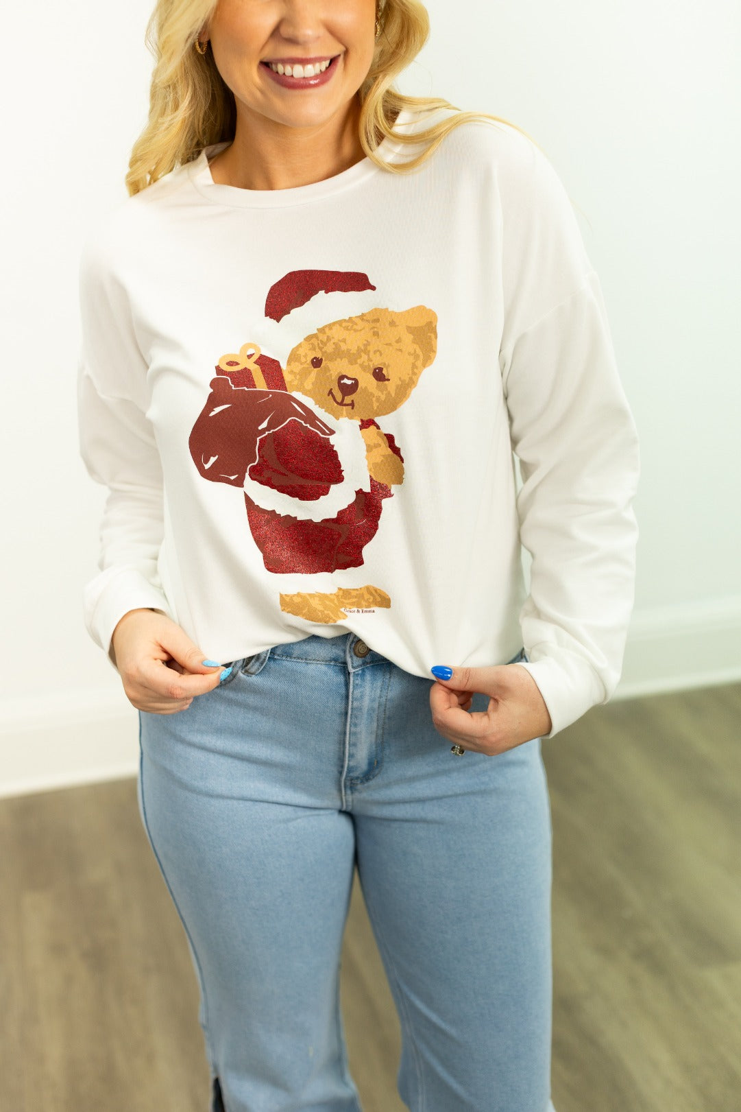 Teddy Bear Santa on French Terry Crewneck, White