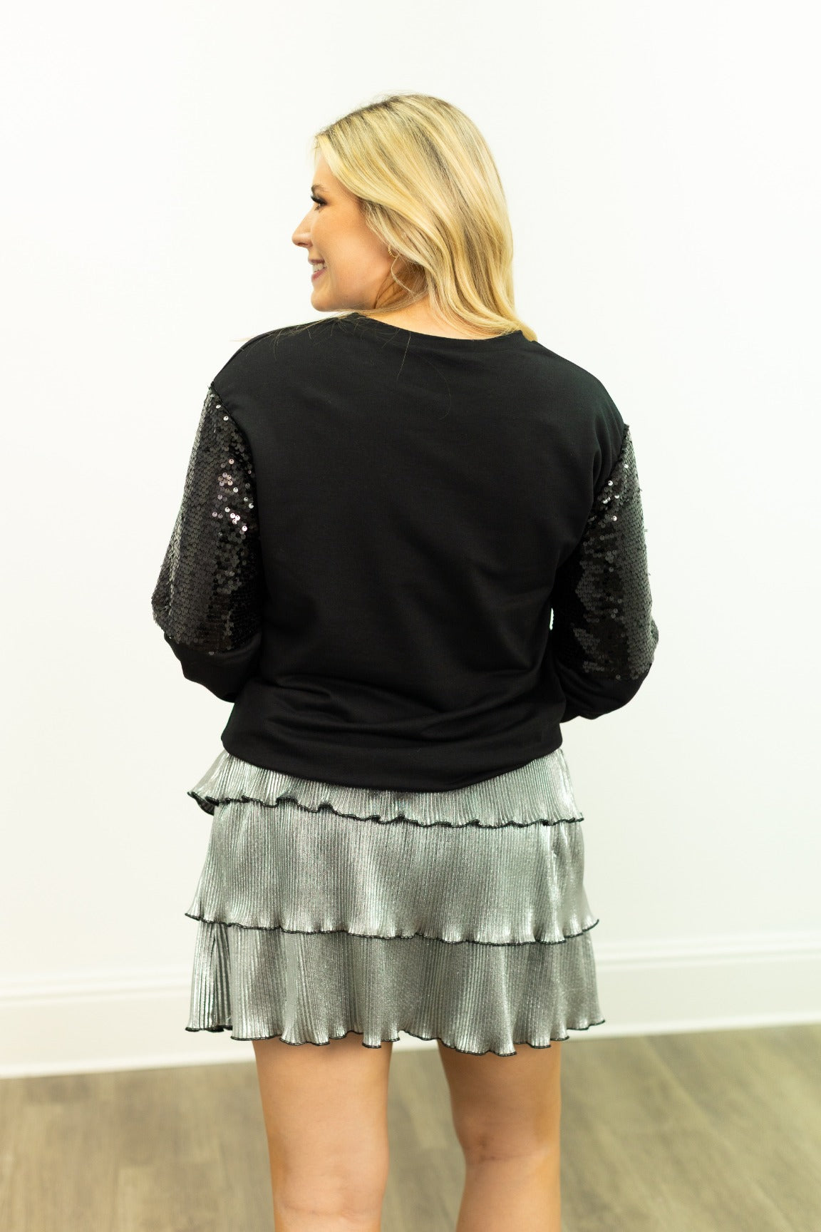 Disco Ball with Bow on Light Weight Sequins Crewneck, Black