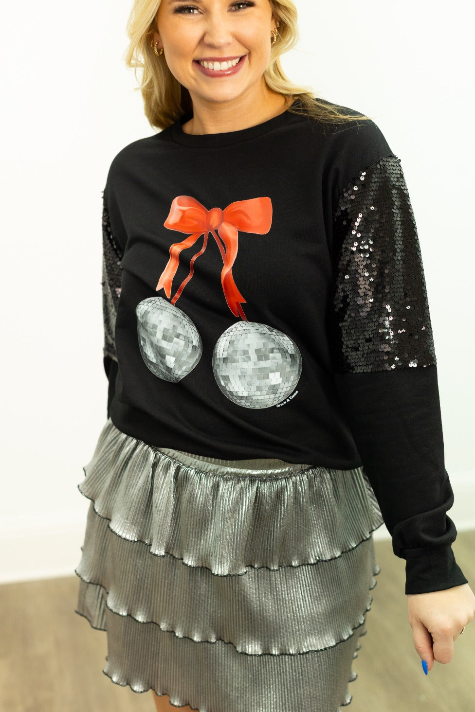 Disco Ball with Bow on Light Weight Sequins Crewneck, Black