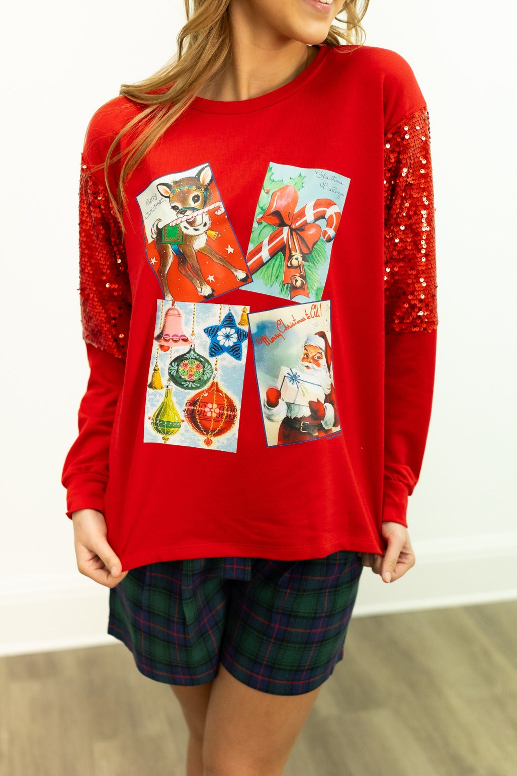 Christmas Cards on Light Weight Sequins Crewneck, Red