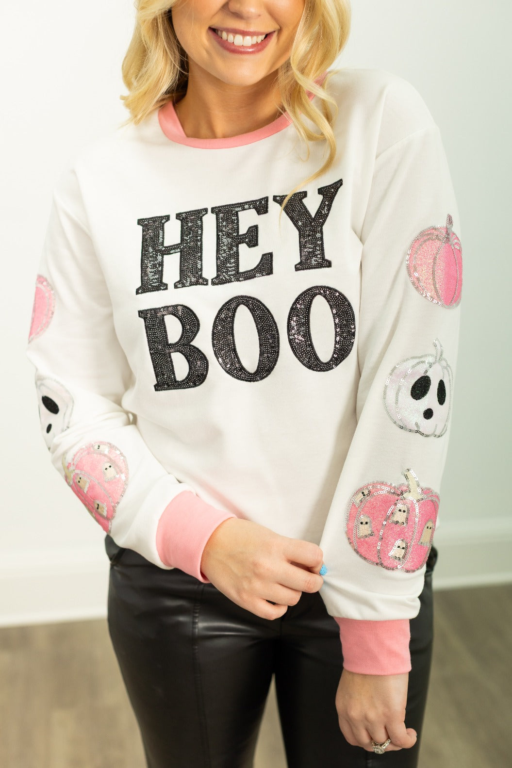 "Hey Boo" on White Long-Sleeve Top