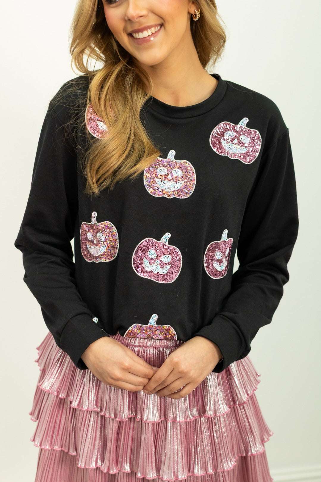 Glitter Pumpkins on Black Long-Sleeve Shirt