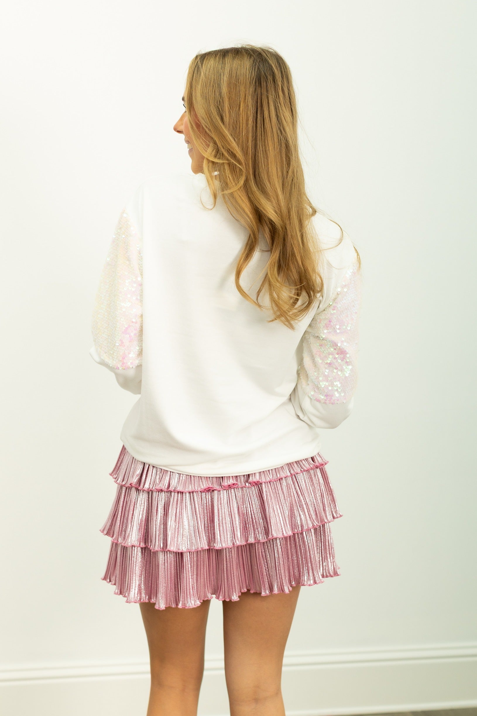 Heart Candy Canes on Light Weight Sequins Crewneck, White