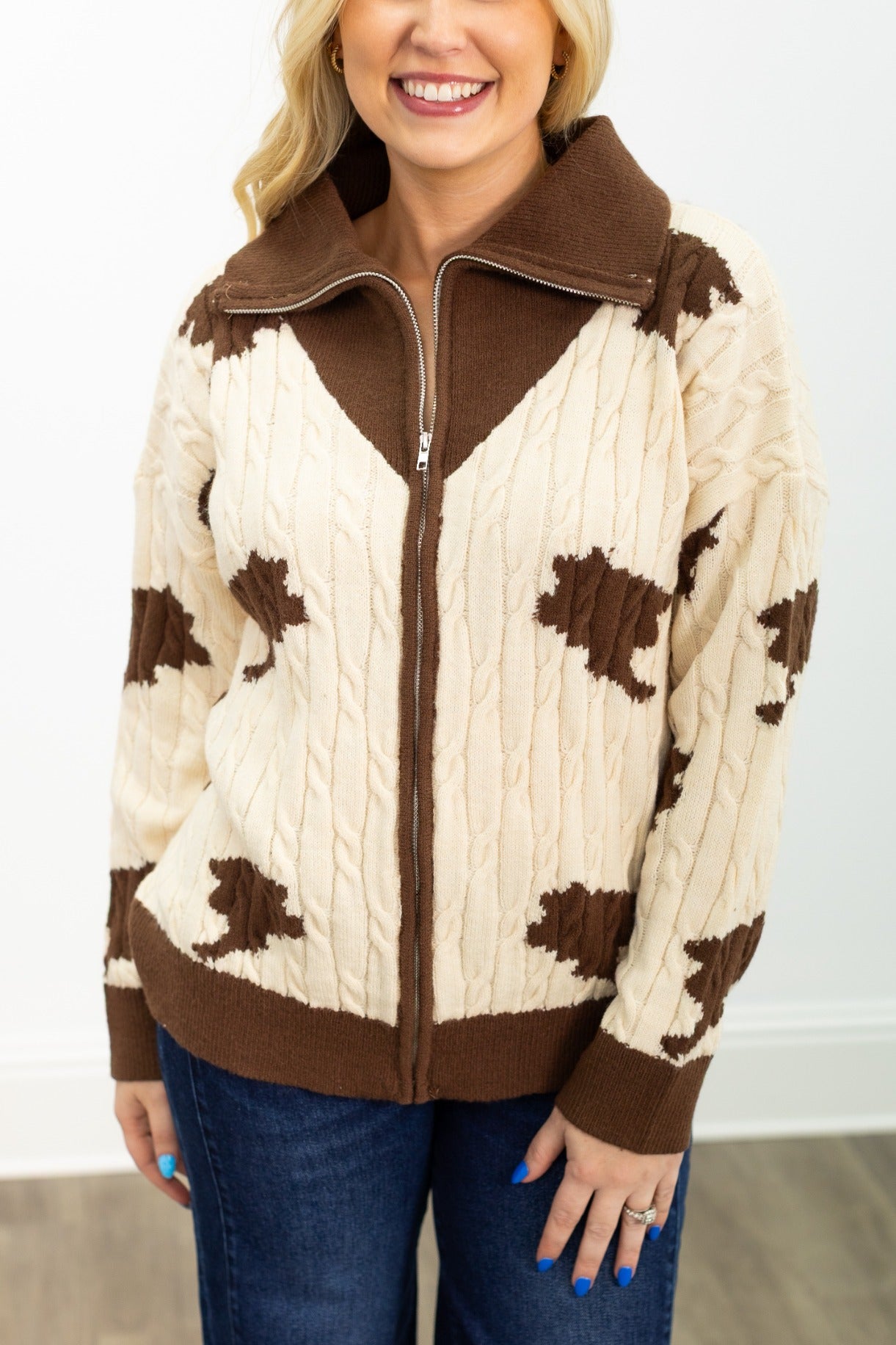 Zip Cow Print Sweater